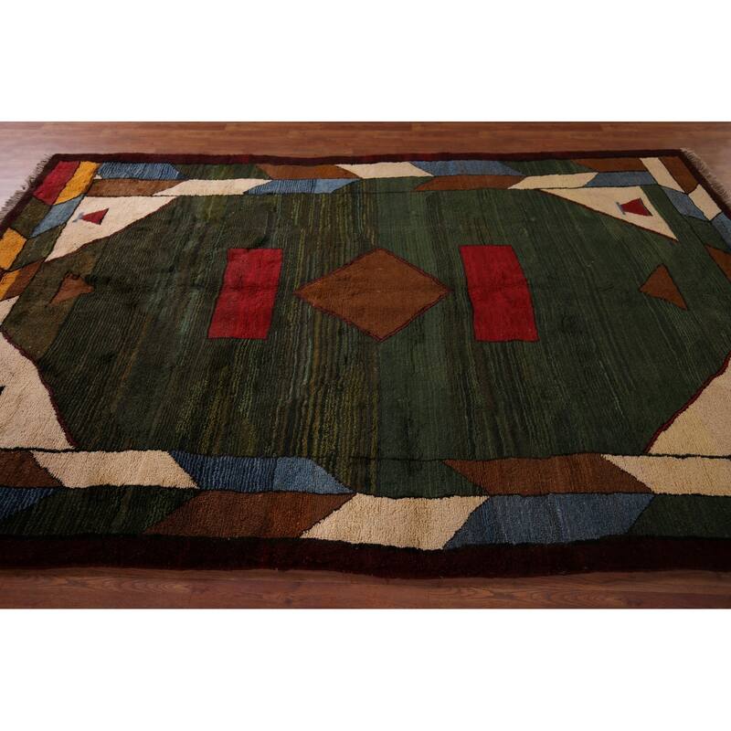 Green Geometric Gabbeh Persian Area Rug Hand-Knotted Wool Carpet - 6'5"x 10'2"