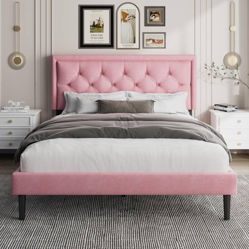 Modern Bed Frame with Velvet Button Tufted Headboard