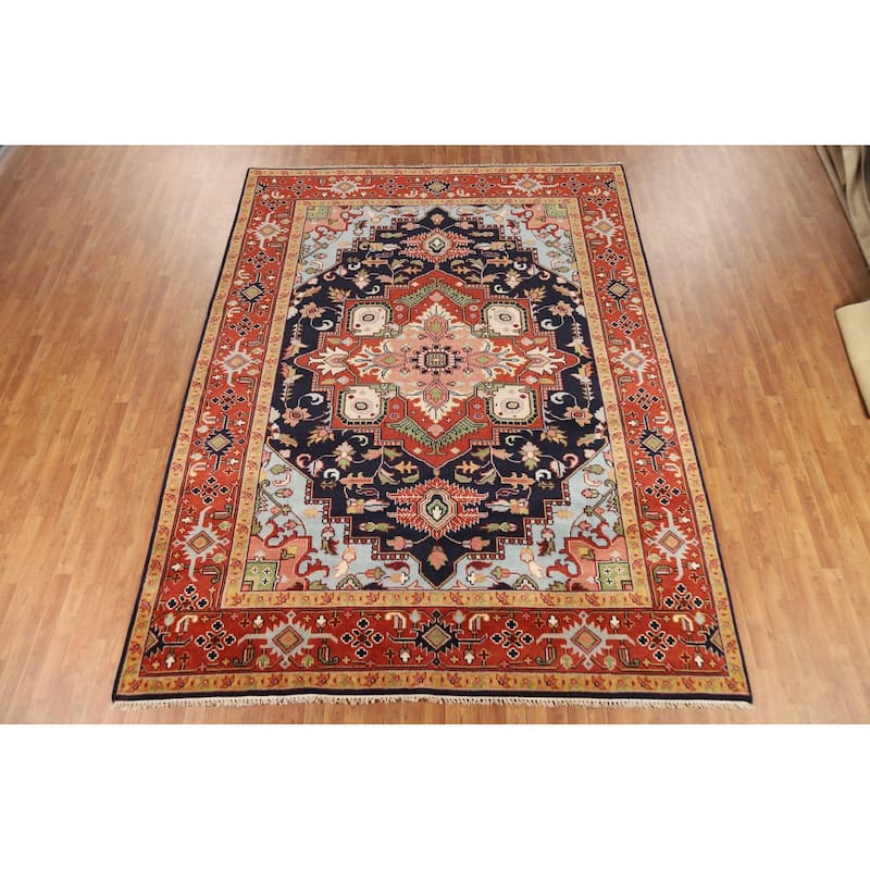 Blues & Orange Heriz Serapi Indian Area Rug Hand-Knotted Wool Carpet - 8'11"x 11'10"