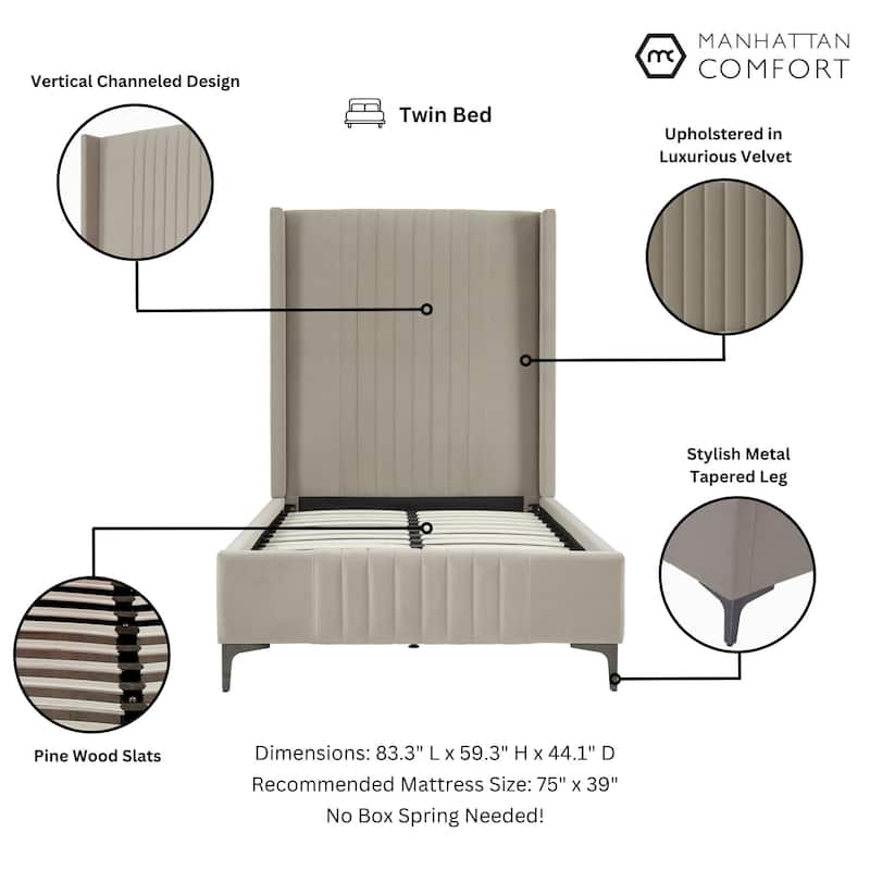 Manhattan Comfort Promenade Mid-Century Modern Velvet Upholstered Bed