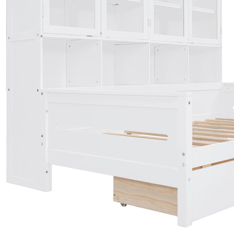 Twin Versatile Daybed with Glass-Door Storage Cabinets & Shelves, Space-Saving Wooden Platform Bed Frame w/Built in LED Lighting