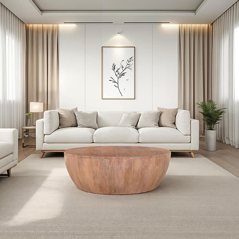 Arthur Drum Shape Wooden Coffee Table with Plank Design Base, Distressed Brown - Wood