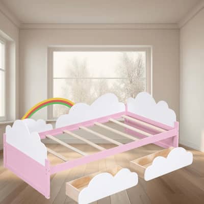 Twin Size Platform Bed Frame with Clouds and Rainbow Decor, Two Storage Drawers, Sturdy Pine Wood Frame, Bedroom Furniture