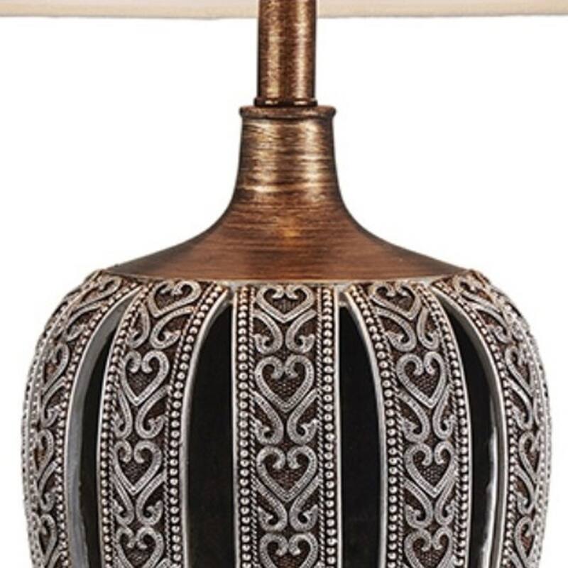 Brown Polyresin Bedside Lamp with White Empire Shade 3 Way Switch - 16” x 16” x 28.25” (D x W x H)