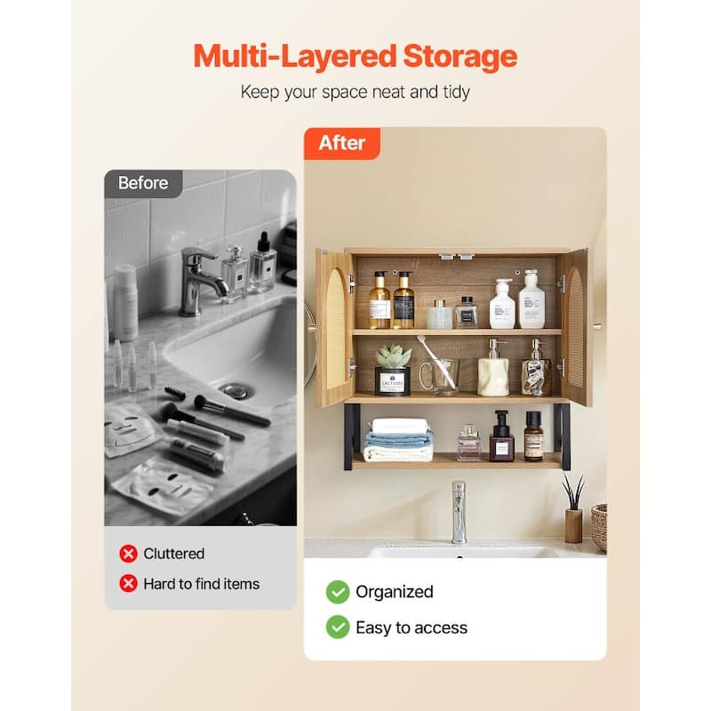 Natural Bathroom Wall Cabinet with Adjustable Shelf 3-Layer Storage for Bottles or Toiletries - 23” x 10” x 23”
