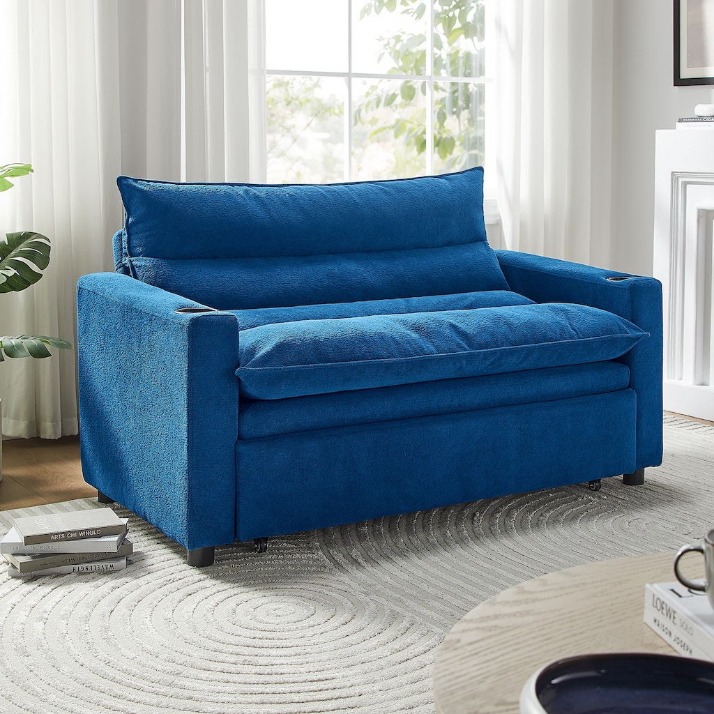 3-in-1 Convertible Sofa Bed with Adjustable 3-Position Backrest, Loveseat Sleeper Couch with Cup Holder