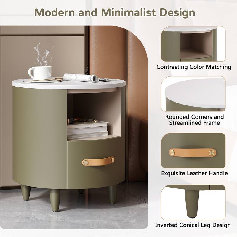 Contemporary Round Nightstand - Storage Drawer + Open Shelf, Curved Design Bedside/End Table (Easy Assembly, Green)