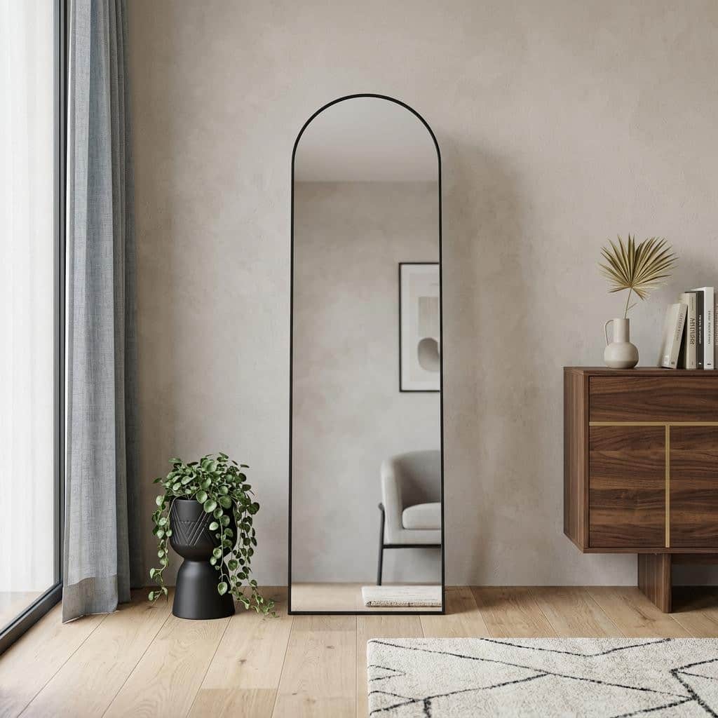 HomeRoots 64" Black Aluminum Arch Freestanding And Wall Mounted Framed Full Length Mirror - 21.00 in. x 64.00 in. x 0.50 in.