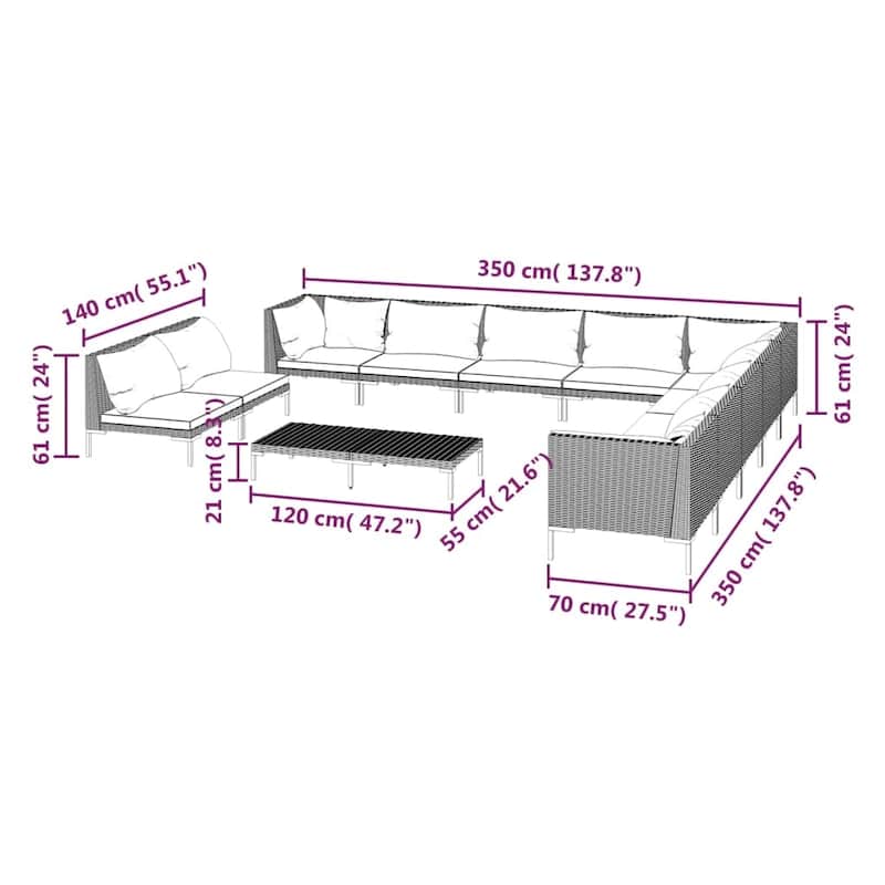 vidaXL Patio Lounge Set Outdoor Sectional Corner Sofa Poly Rattan Dark Grey - 27.6" x 27.6" x 24"