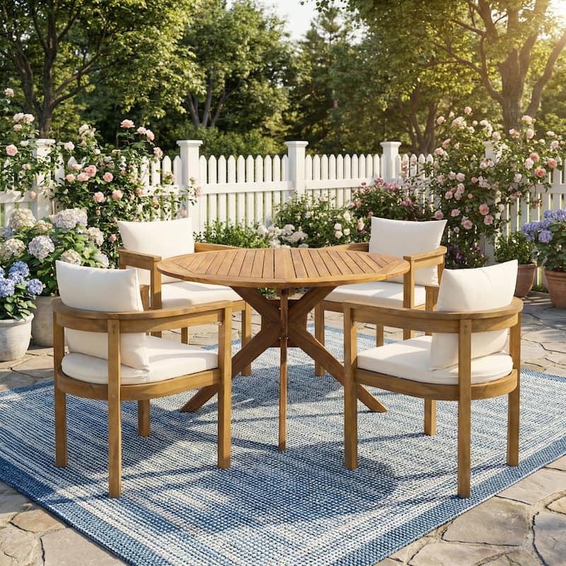 Christopher Knight Home - Willowcrest Outdoor Acacia Wood 5-Piece Dining Set with Cushioned Armchairs - Beige,Teak