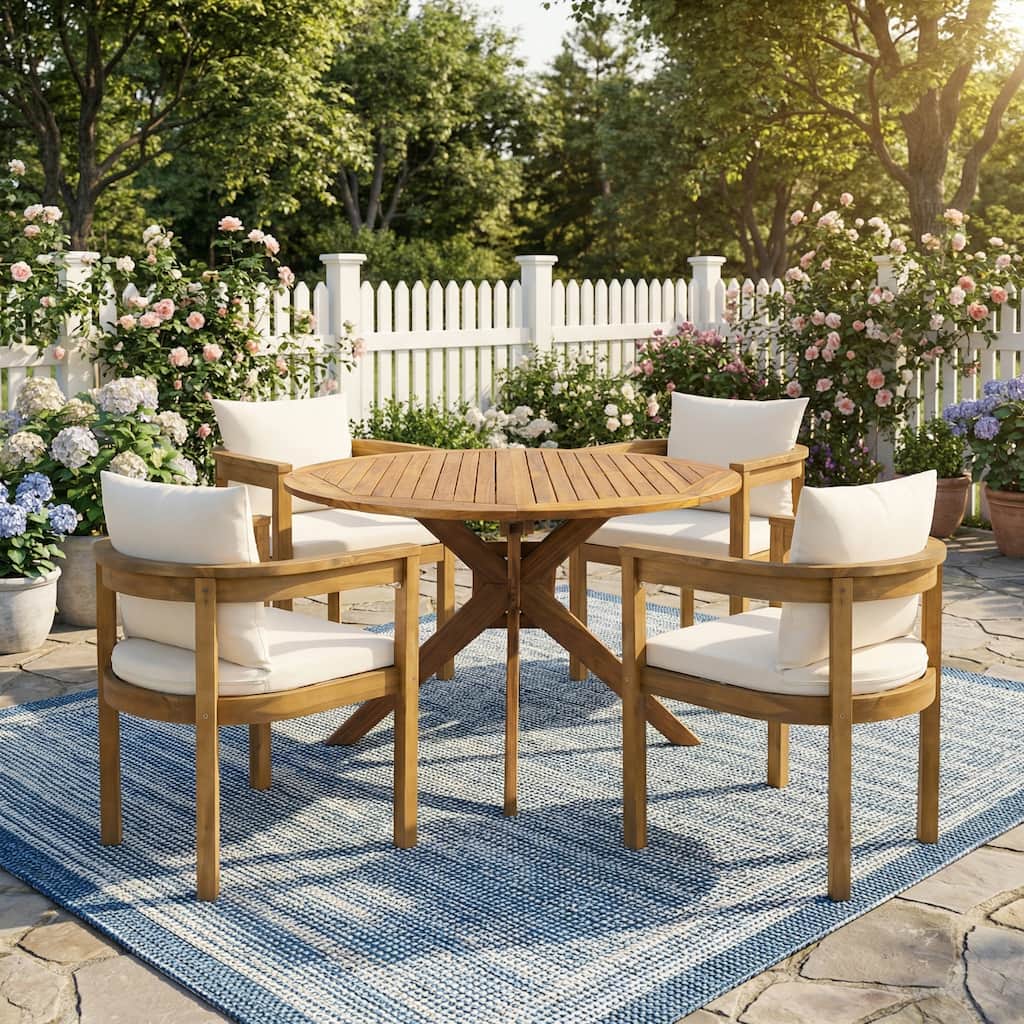 Christopher Knight Home - Willowcrest Outdoor Acacia Wood 5-Piece Dining Set with Cushioned Armchairs
