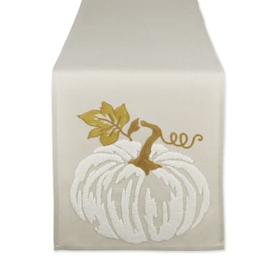 Pumpkin Fall Harvest Embroidered Table Runner - 70" White and Gold