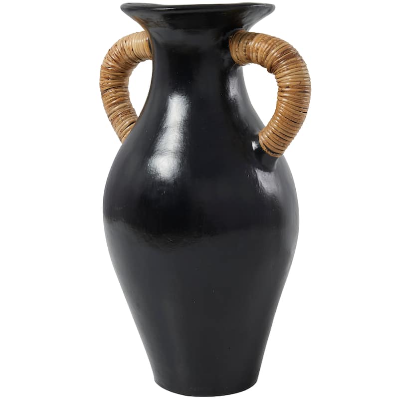 Modern Black Ceramic Jug Inspired Vase with Rattan Wrapped Handles