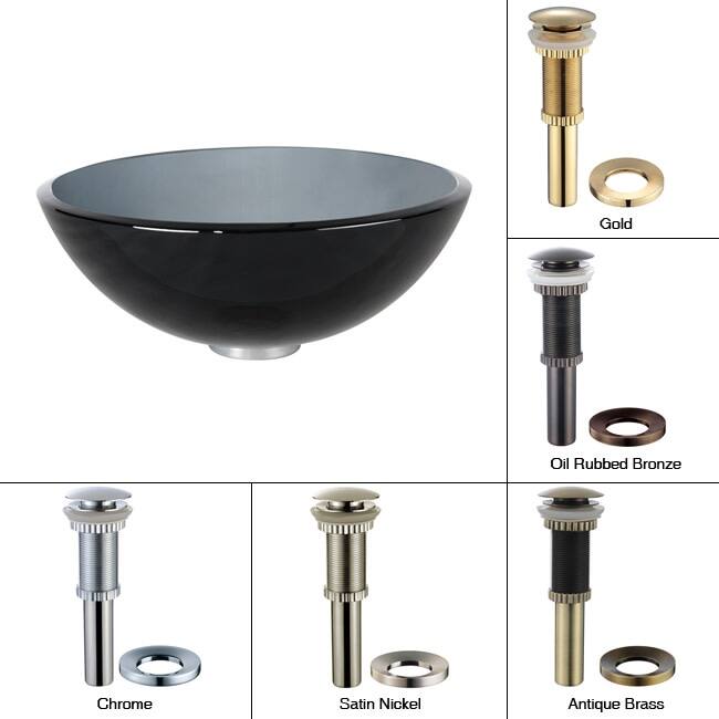 Kraus 14" Clear Black Glass Vessel Bathroom Sink - Includes Pop-Up - Satin Nickel
