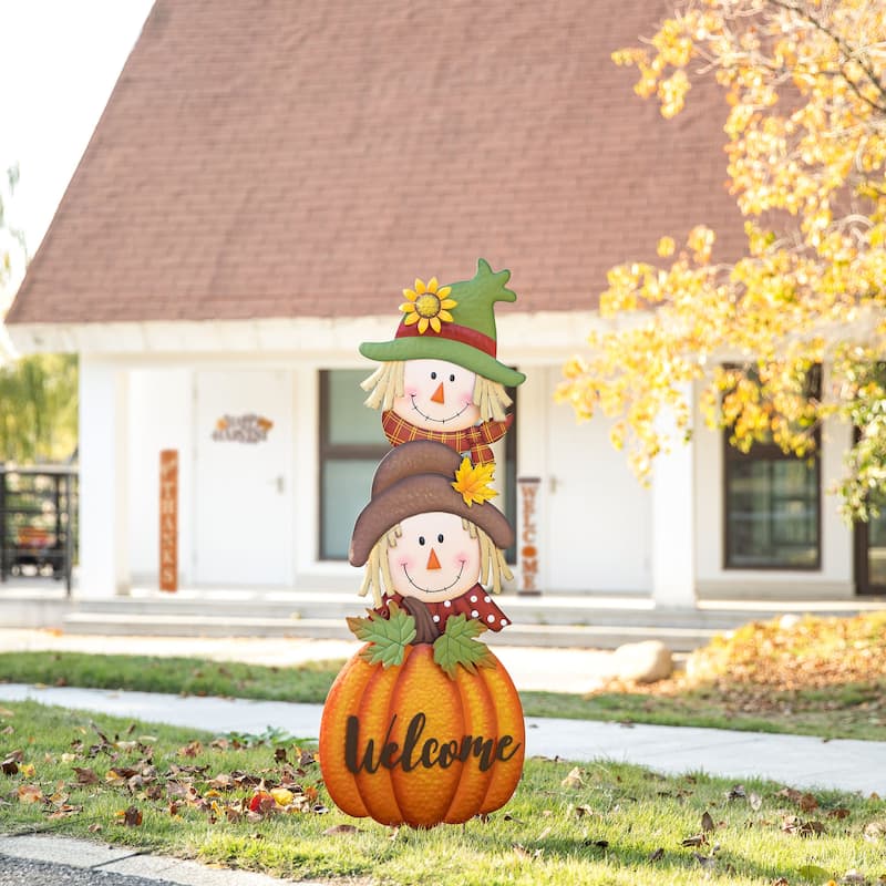 Glitzhome 46"H Fall Metal Stacked Scarecrow & Pumpkin Yard Stake for Thanksgiving Decor