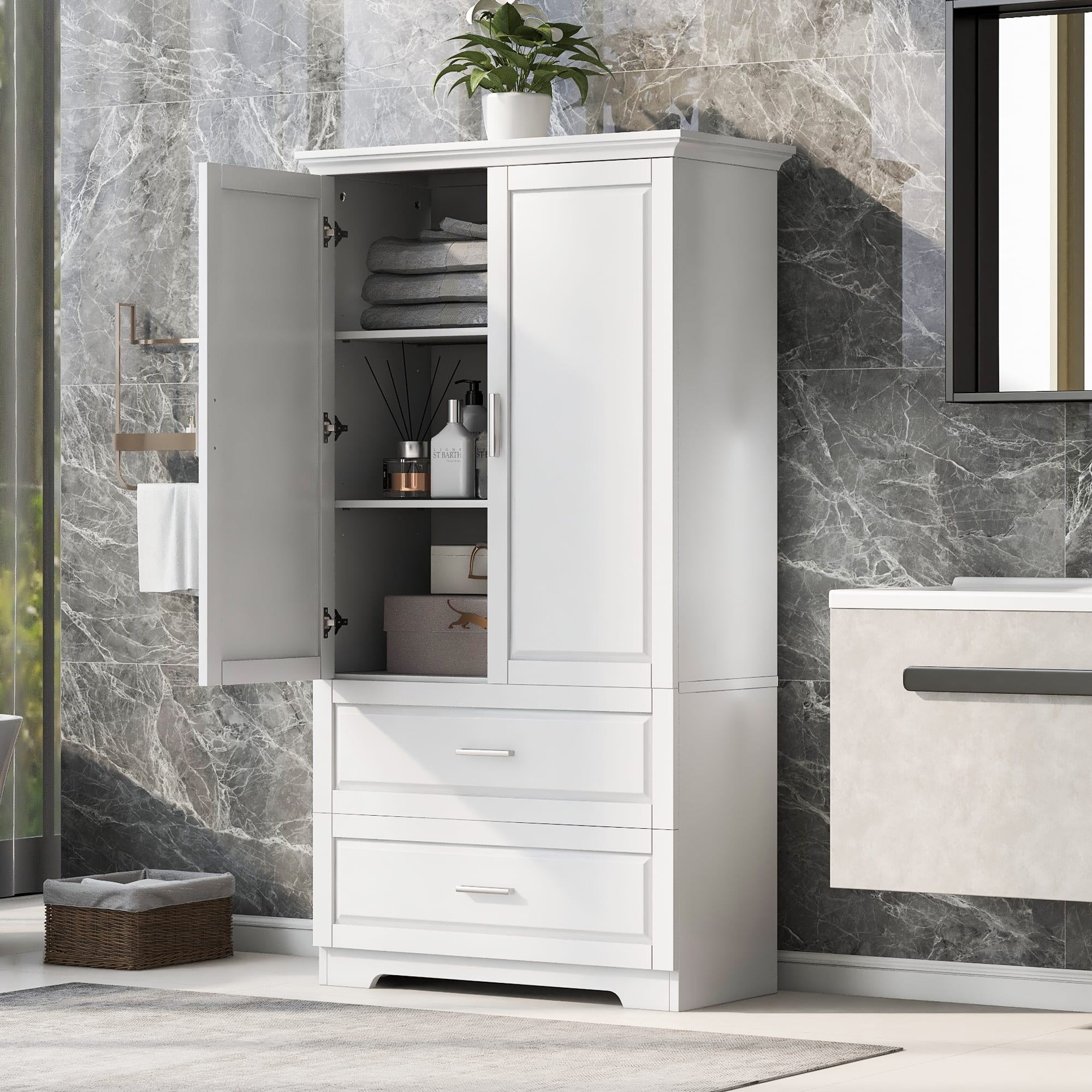 Tall Bathroom Storage with Two Doors and Drawers
