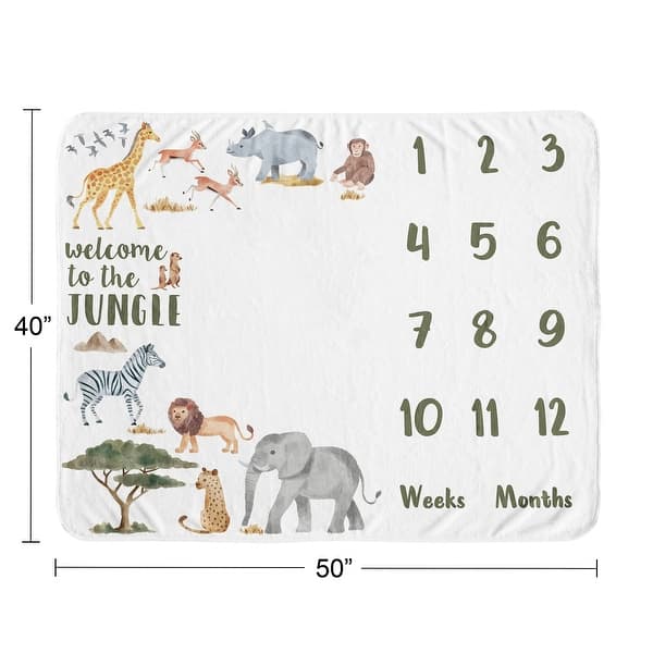 Jungle Animals Baby Monthly Milestone Blanket Hunter Green Black and White Safari Elephant Giraffe Lion Monkey Leopard Cheetah