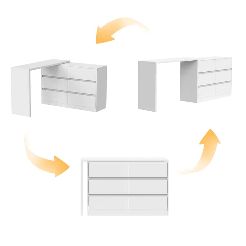 L-Shaped Desk with 6 Drawer Dresser, Extendable Adjustable Vanity Writing Table, Handleless Storage Cabinet
