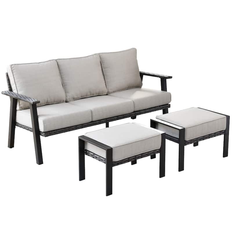 OVIOS Outdoor 3-piece Wicker Sectional Sofa Set With Ottoman Steel Frame