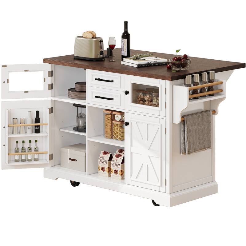Kitchen Island with Drop Leaf, Power Outlet and 4 Door Shelves