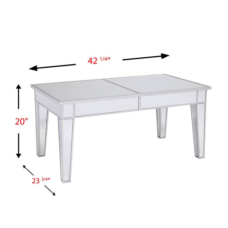 Decorative Silver Metal Glass Coffee Table Rectangular Mirrored Top for Glam Home Interiors - 42.25”L x 23.75”W x 20”H