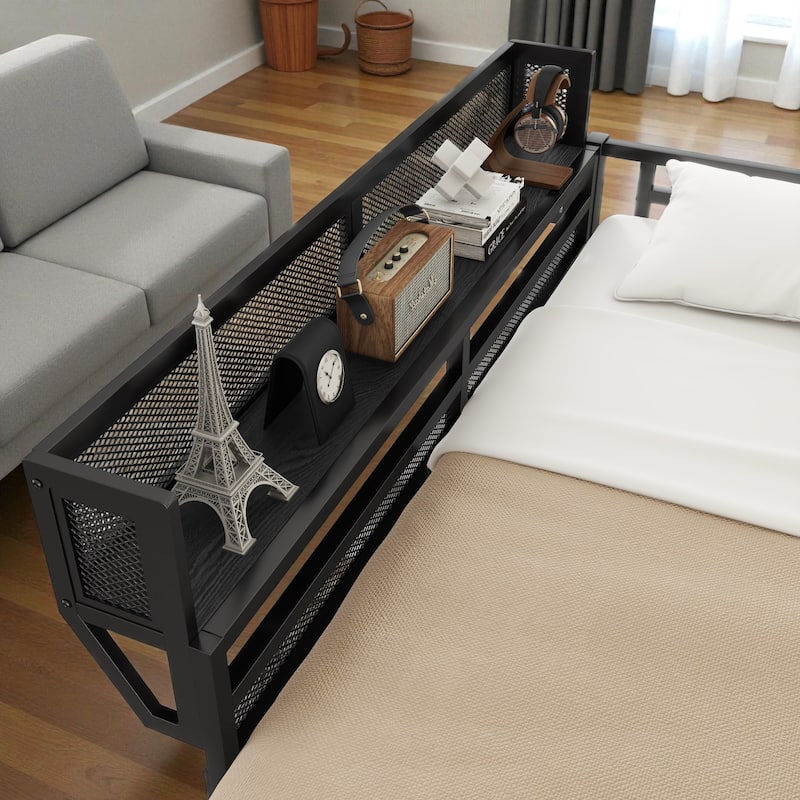 Queen Size Metal Loft Bed with Ladder and Storage Shelves, High Loft Bed Frame for Kids and Teens