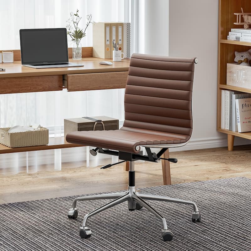 Mid Century Top Grain Leather Ergonomic Armless Office Swivel Chair - Brown Low Back 