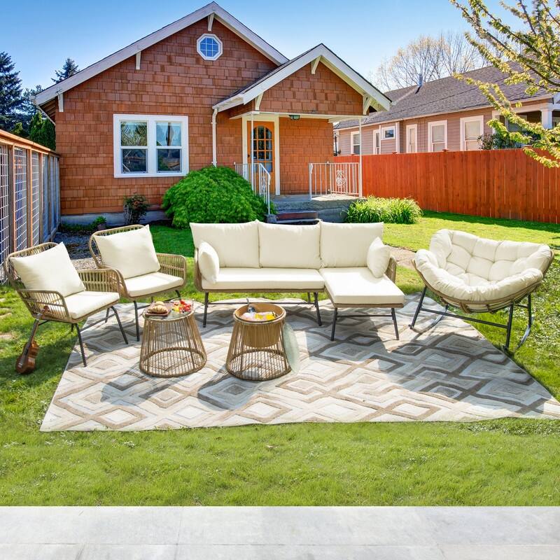 FINCATI 7-piece PE Wicker Outdoor Patio Furniture Set with Papasan Rocking Chair and Cushion - Beige