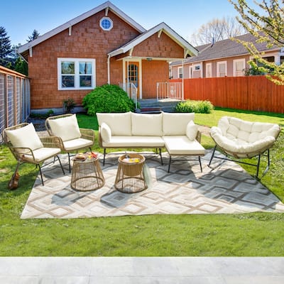 FINCATI 7-piece PE Wicker Outdoor Patio Furniture Set with Papasan Rocking Chair and Cushion