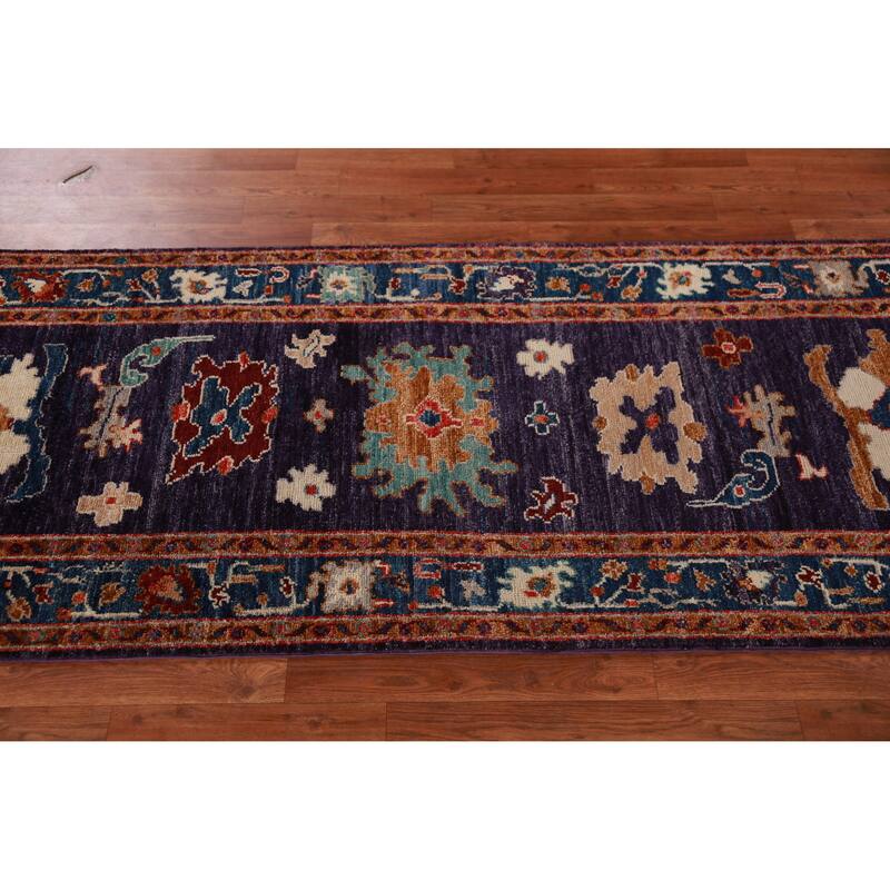 Hand Knotted Oriental 100% Wool Carpet Transitional All-Over Purples Oushak Runner Rug - 9' 11'' X 2' 10''