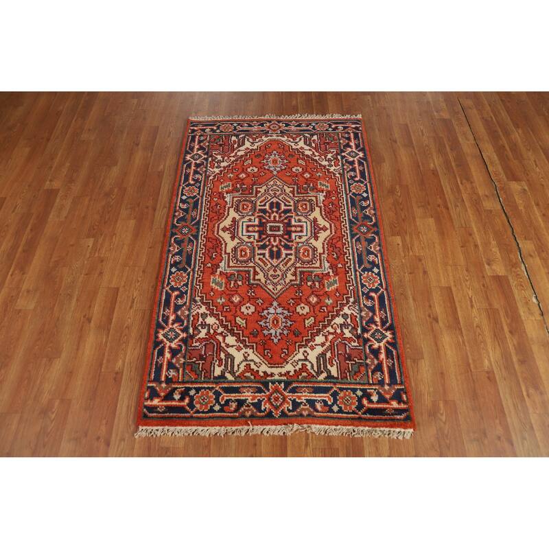 Hand Knotted Oriental 100% Wool Carpet Traditional Medallion Oranges & Rust Heriz (serapi) Area Rug - 5' 1'' X 3' 1''