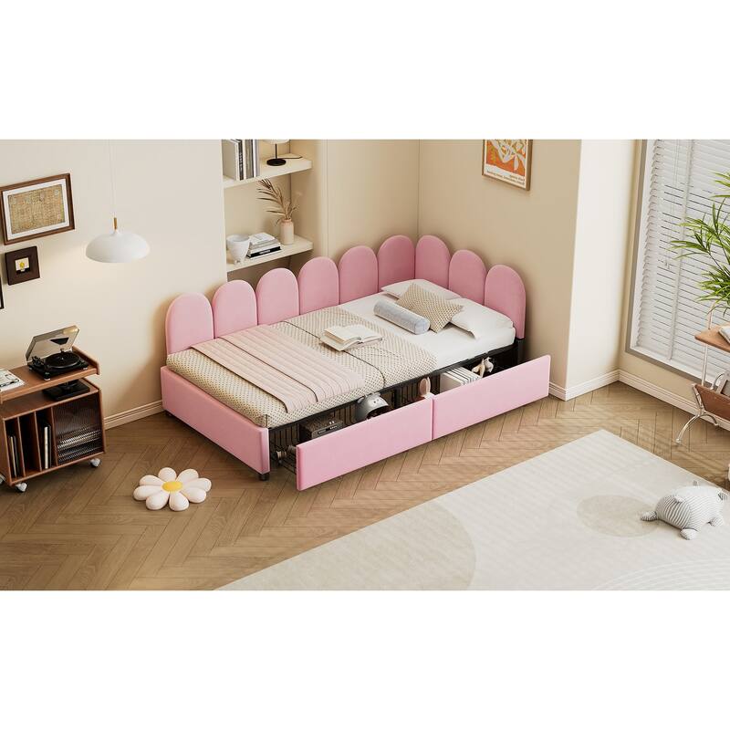 Twin Size Velvet Upholstered Daybed with 2 Drawers and Soft Fabric Headboard for Bedroom