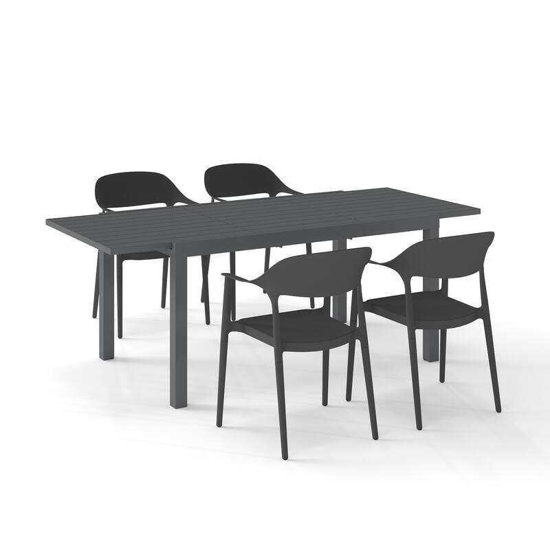 Outdoor Dining Set 5-Piece Stackable Plastic Lightweight Curved Backrest Armchair and Extendable Dining Table