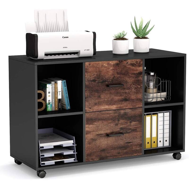 Mobile Lateral File Cabinet with 2 Drawers, Filing Cabinet Printer Stand - Brown