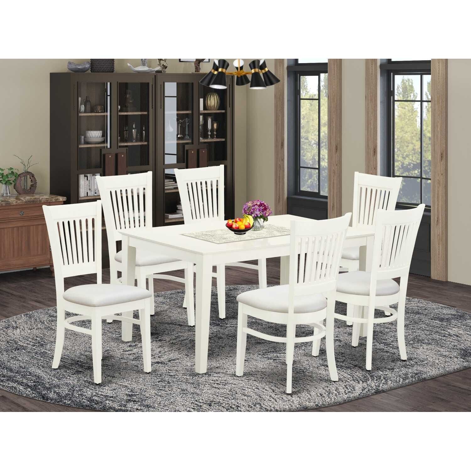 HomeStock 7-Pc Rectangle Linen White Finish Solid Wood Top Dining Table with 6 Chairs with Slat Back