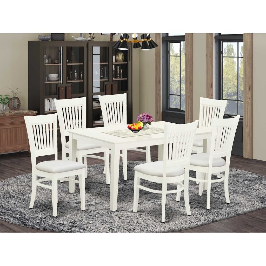 HomeStock 7-Pc Rectangle Linen White Finish Solid Wood Top Dining Table with 6 Chairs with Slat Back