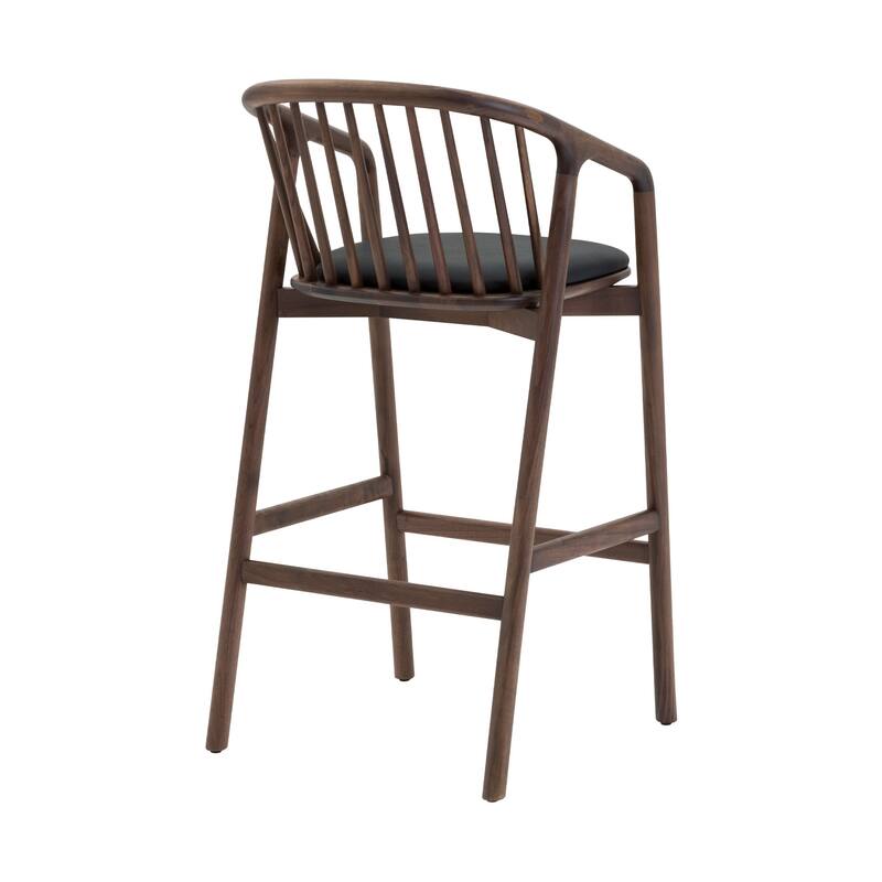 Rchy Barstool Chair, Curved Spindle Back, Black Faux Leather, Brown Wood