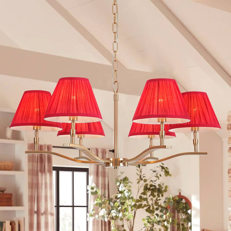 31.5" W Mid-Century Traditional Brass Finish Dimmbale Chandelier with Red Pleated Fabric Shades for Living & Dining Room