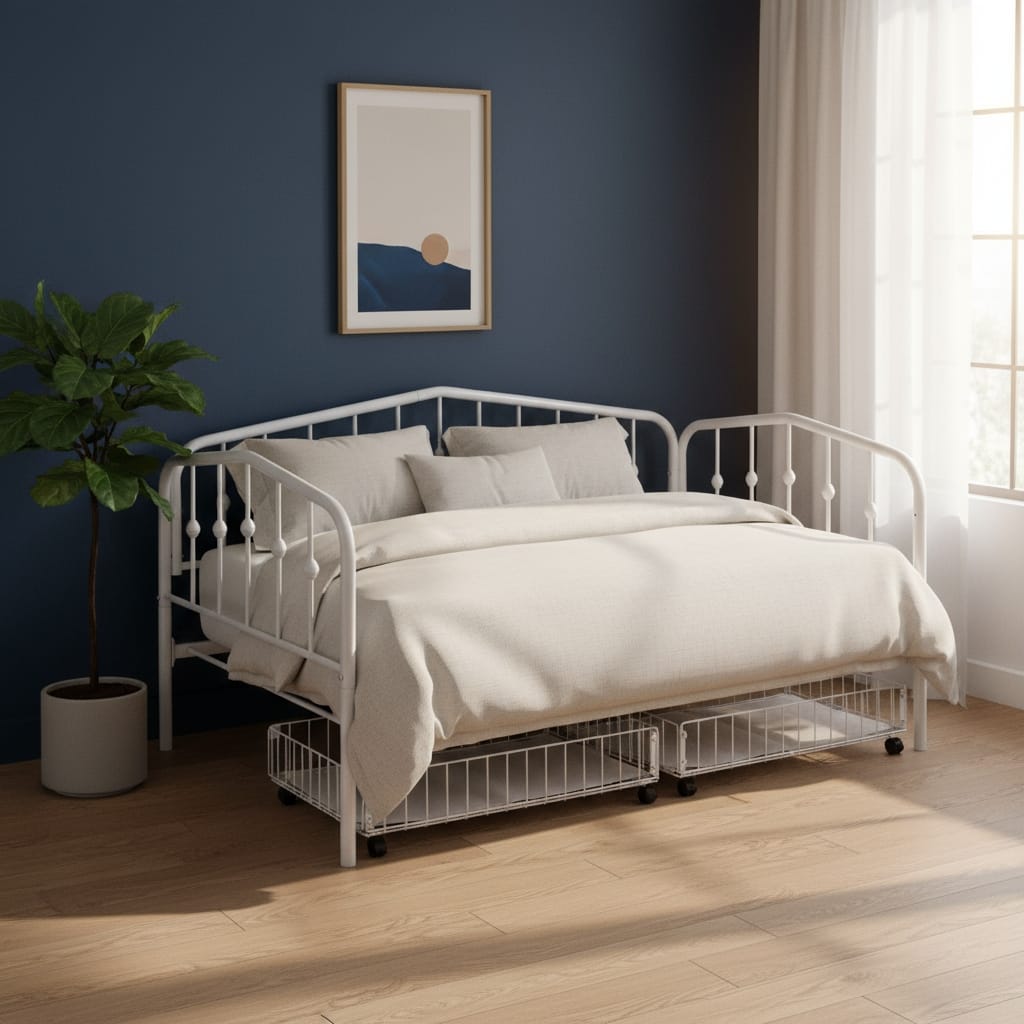 HomeRoots White Metal Twin Bed Frame With Drawers