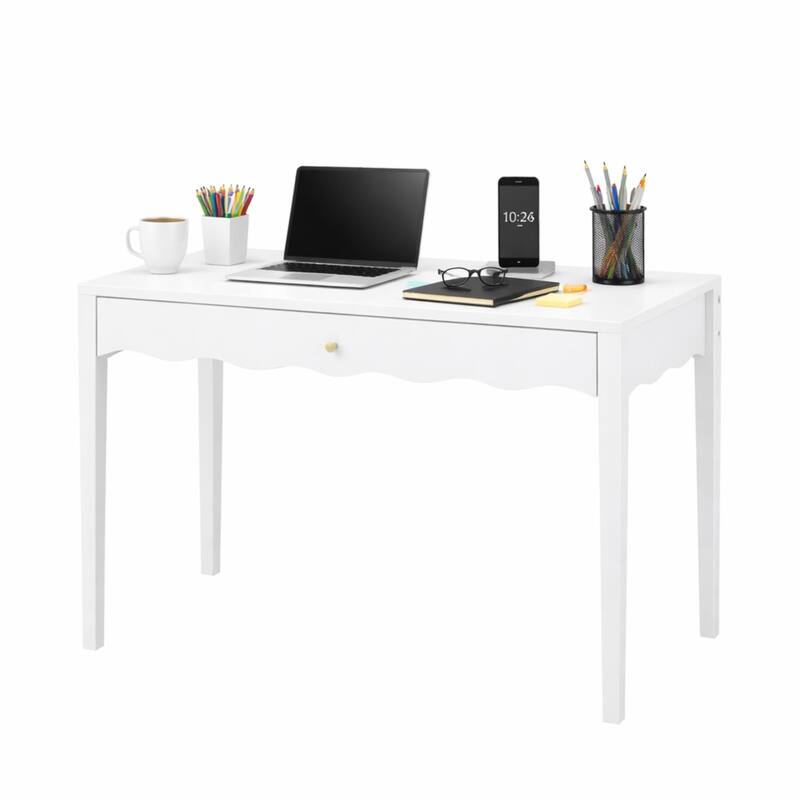 35.43"Vanity Desk with Drawer - Modern Makeup Table with Scalloped Front & Gold Knob, Compact Writing Desk with 4 Sturdy Legs