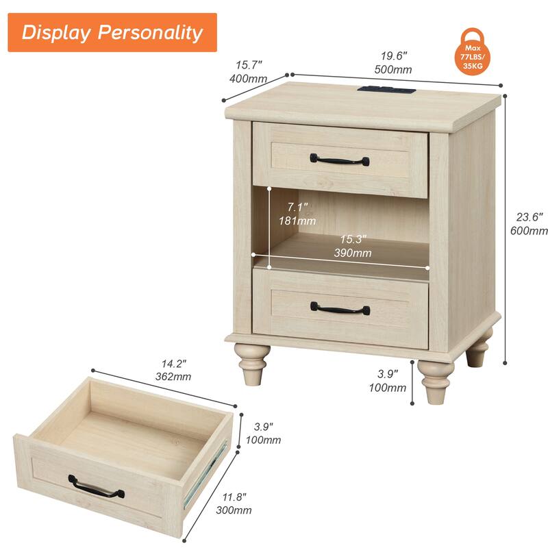 Farmhouse Nightstand Bedside Table, Wood 2-Drawer Side Table