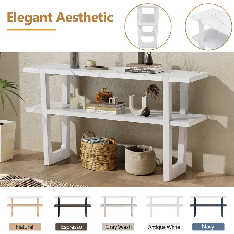 Wooden Narrow Console Table with Marble Effect Top, 54" Retro Rectangular Entryway Sofa Table with Open Shelf