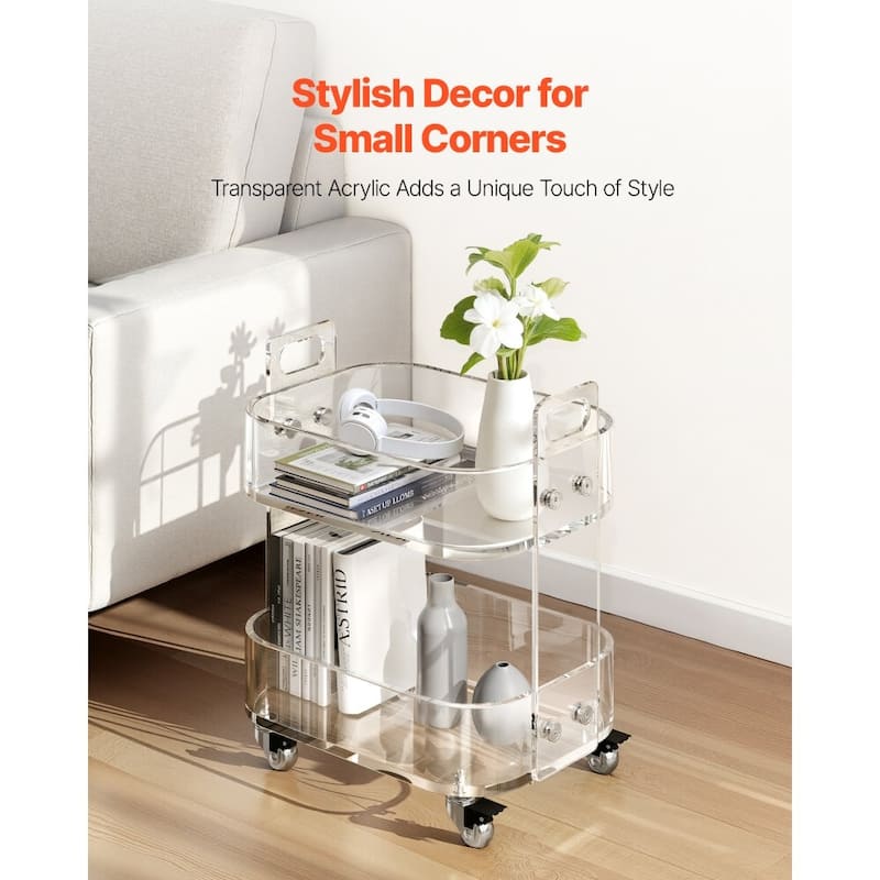 Clear Acrylic 2-Tier Side Table with Lockable Wheels and Transparent Storage - 12 x 16.3 x 18.9 in