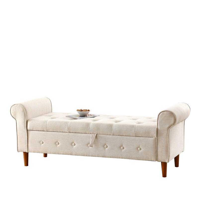 62" Bedroom Tufted Button Storage Bench, Modern Fabric Upholstered Ottoman,Window Bench,Rolled Arm Design for Bedroom