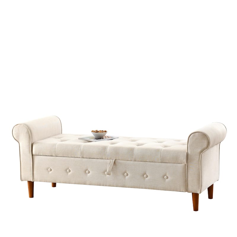 Rolled Arm Tufted Storage Bench, Modern 62" Upholstered Ottoman Window Bench with Wooden Legs for Bedroom, Entryway