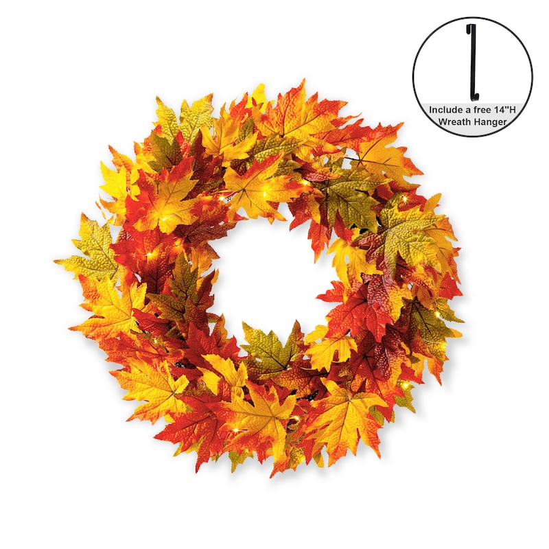 Glitzhome LED Lighted Fall Maple Leaves Wreath/Garland with Timer - Wreath with Hanger