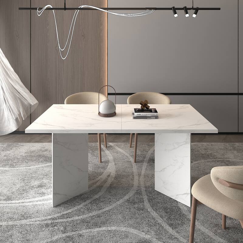 Extendable Dining Room Table for 6 8 10, Modern Faux Marble Wooden Long Large Rectangular Expanding Conference Kitchen Table