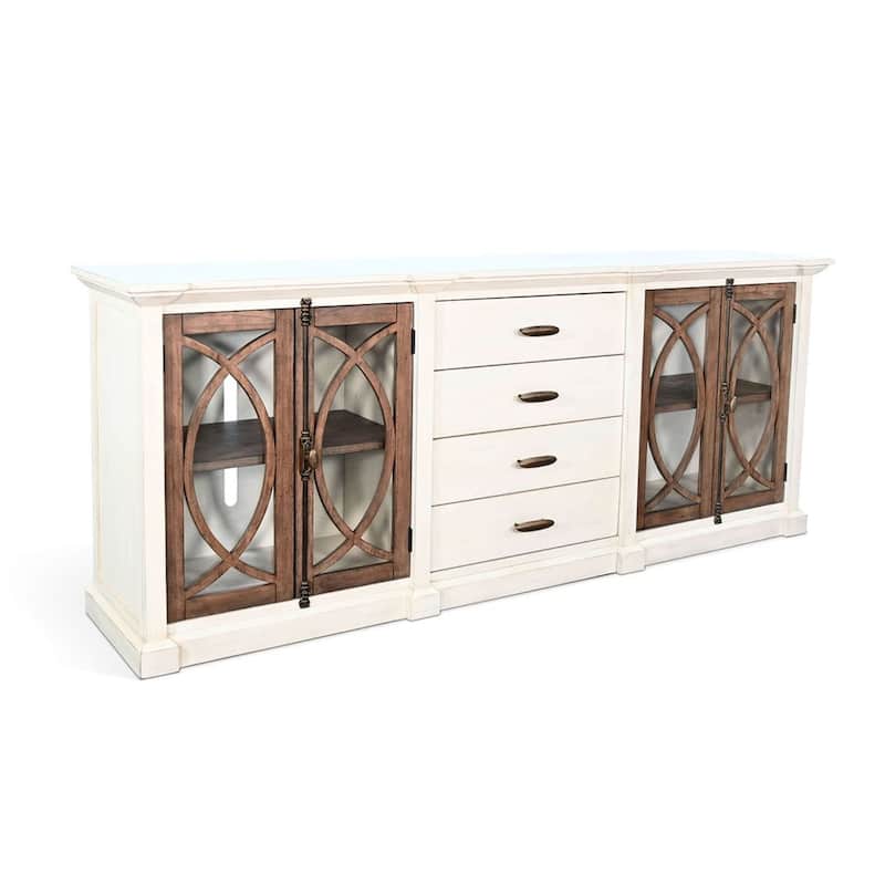 Camie TV Media Console, 4 Glass Cabinet Doors, White Solid Wood, 91 Inch