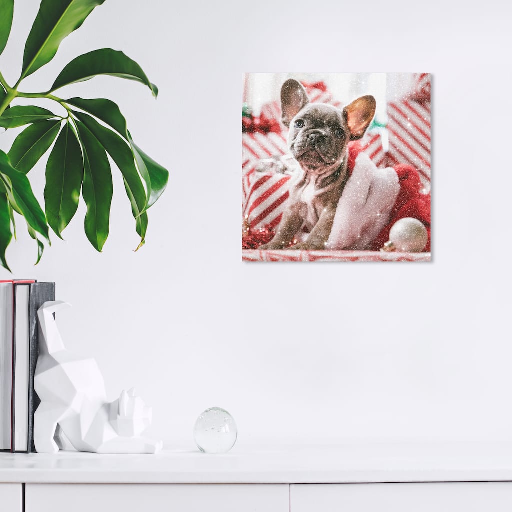 Wynwood Studio Canvas Holiday and Seasonal Puppy Christmas Morning White and Glam Wall Art Canvas Print