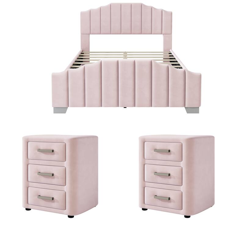 Velvet Upholstered Platform Bed Frame Vertical Channel Wingback Bed Tufted Headboard Footboard, Low Profile Panel Bed